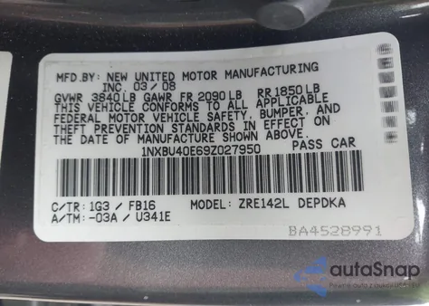 2009 Toyota Corolla Le из США, поврежденный, VIN 1NXBU40E69Z027950